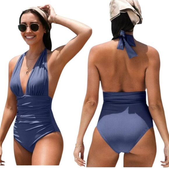 Cupshe Bianca Plunge Halter One Piece Ruched Swimsuit Dusty Blue 1x NWT - Picture 3 of 15